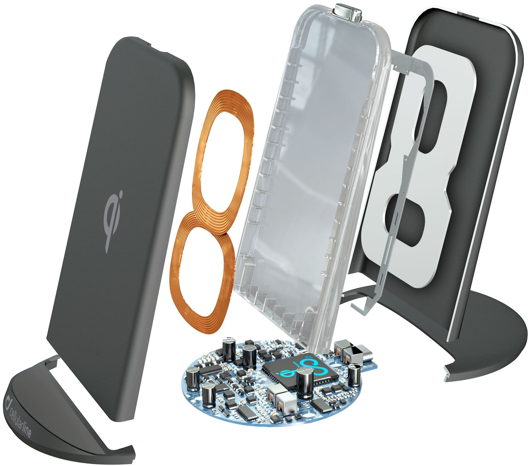 Caricatore wireless con componenti esplosi. Base del caricatore nera, plastica trasparente, bobine di rame e circuito stampato.