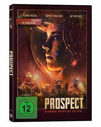 DVD-Hülle von Prospect. Frau in einem Weltraumhelm. Star Wars Star wird erwähnt.