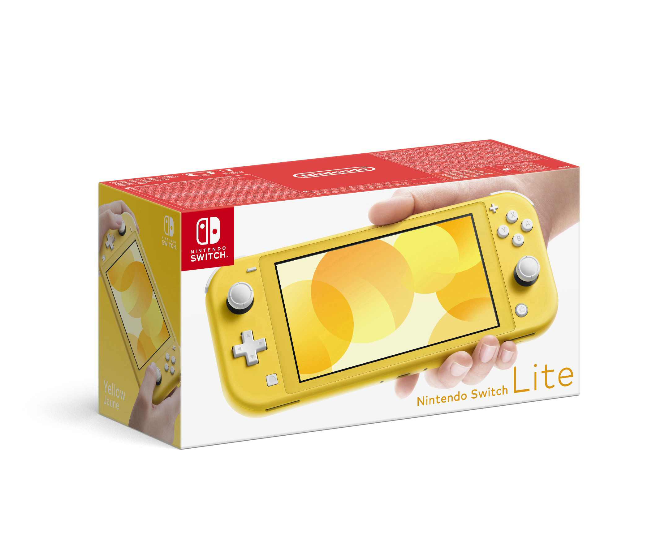 Gelbe Nintendo Switch Lite Konsole und Box. Hand hält die Konsole. Weißer Hintergrund.
