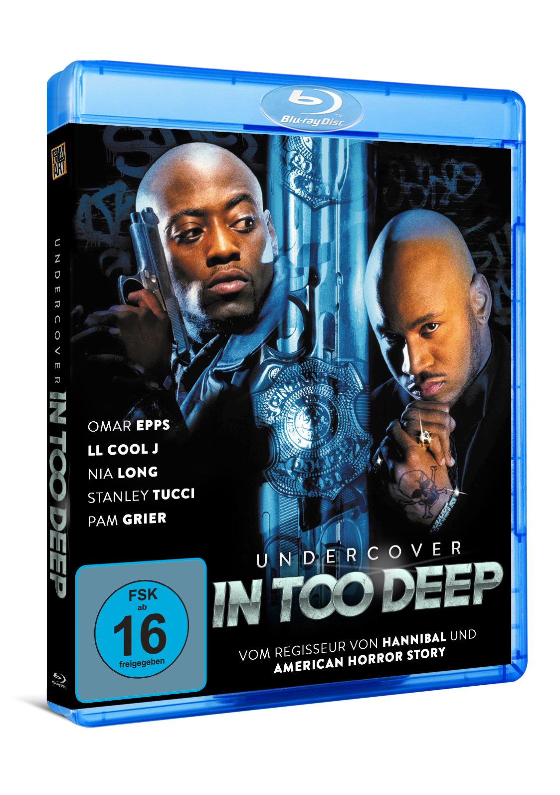 Blu-ray-Disc-Hülle für 'In Too Deep'. Zeigt zwei Männer und Text. Freigegeben ab 16 Jahren. Blaue Hülle.
