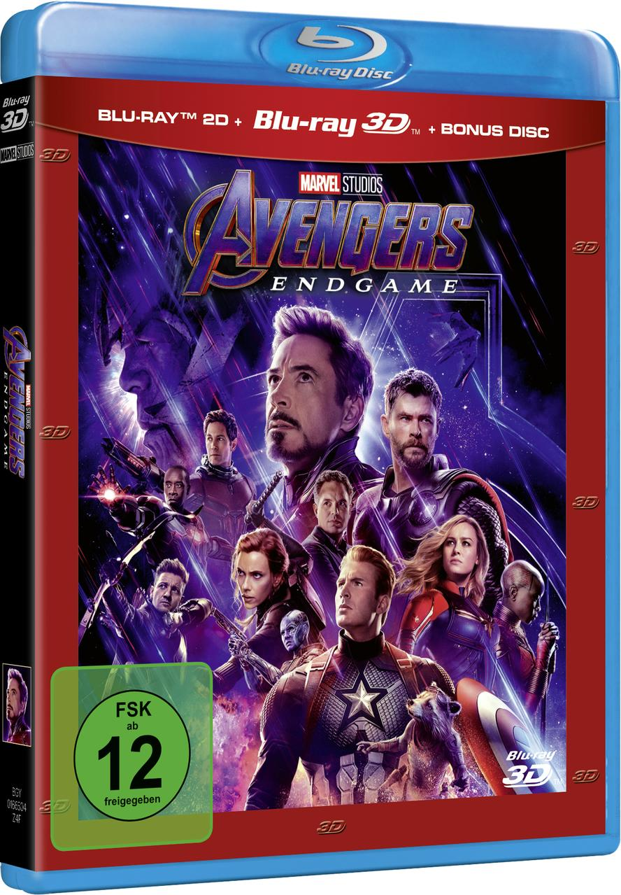 Blu-ray-Filmhülle für Avengers: Endgame. Enthält mehrere Charaktere und ein blaues und rotes Farbschema.