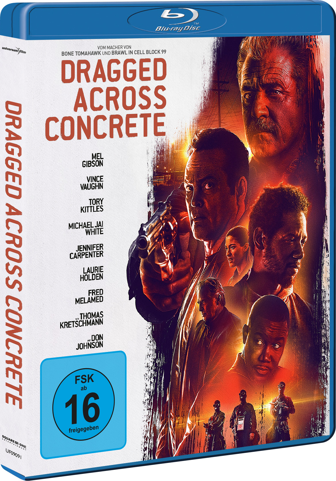Blu-ray-Box-Art für 'Dragged Across Concrete'. Mit Mel Gibson u.a. Dunkler Hintergrund.