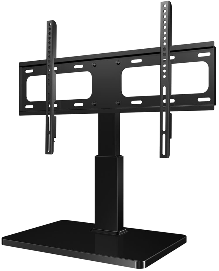 Support TV noir. Il a une base, un poteau central et des supports pour tenir une TV.