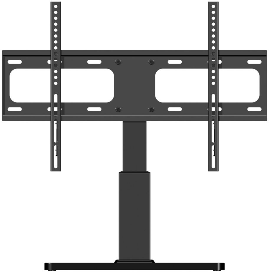 Support TV noir avec deux supports verticaux, des trous pour le montage et une base rectangulaire.