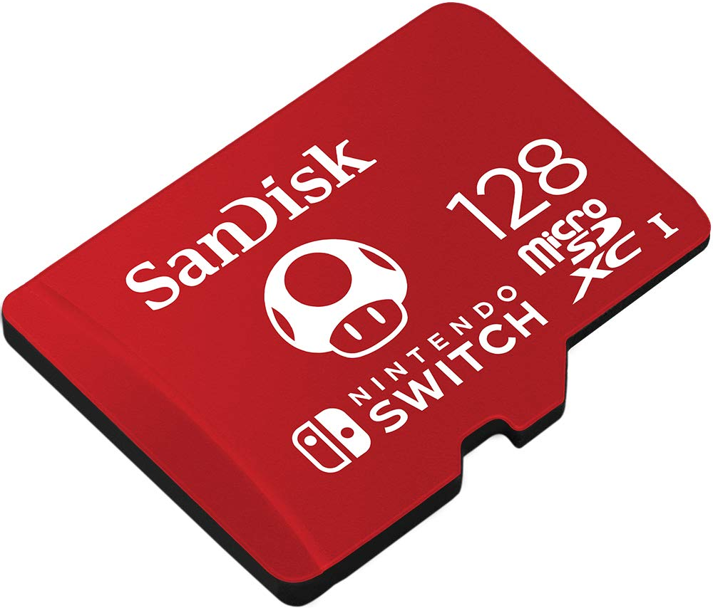 Una scheda micro SD SanDisk rossa da 128 GB per Nintendo Switch, con il logo Nintendo Switch.