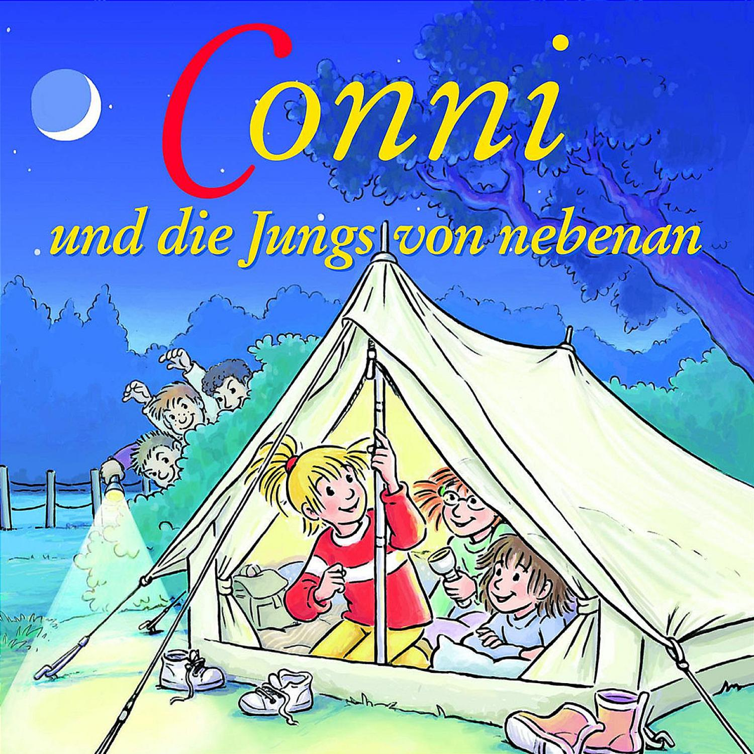 Illustration von Kindern beim Camping. Conni und Freunde in einem Zelt bei Nacht. Jungen spähen mit einer Taschenlampe aus dem Gebüsch.