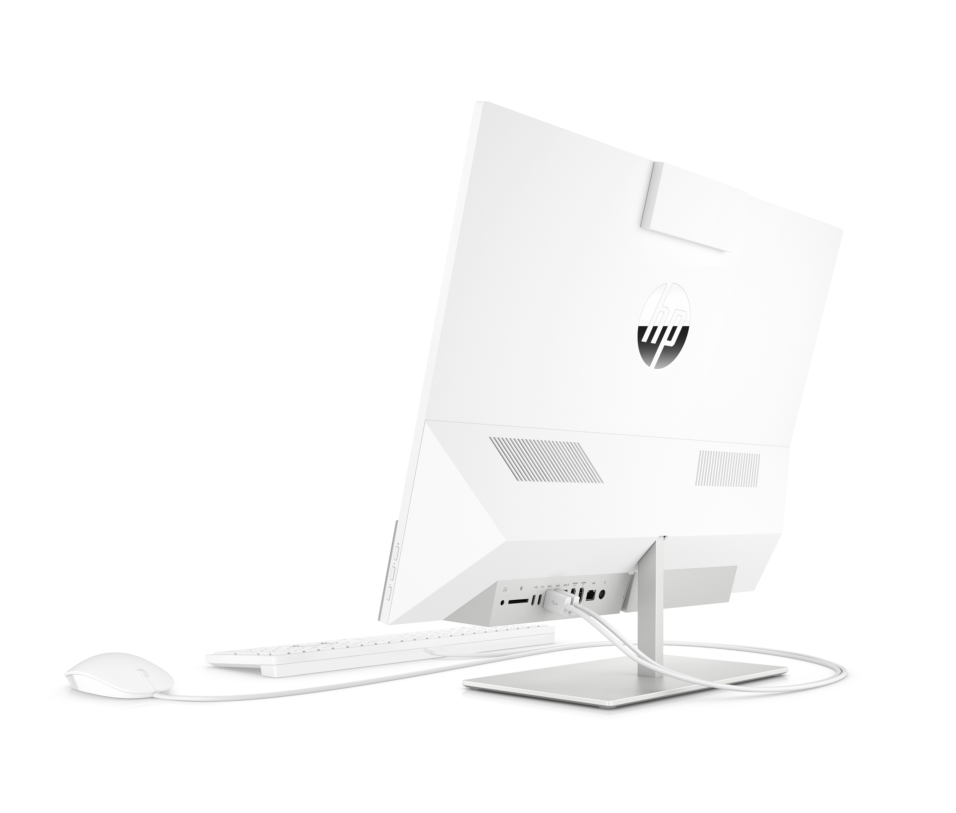 Rückansicht eines weißen All-in-One-Computers mit Anschlüssen, Tastatur, Maus und sauberem, modernem Design.