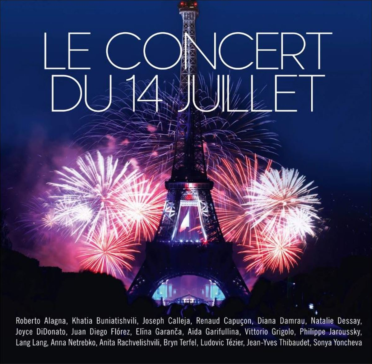 Tour Eiffel avec feux d'artifice et texte 'LE CONCERT DU 14 JUILLET' et noms.