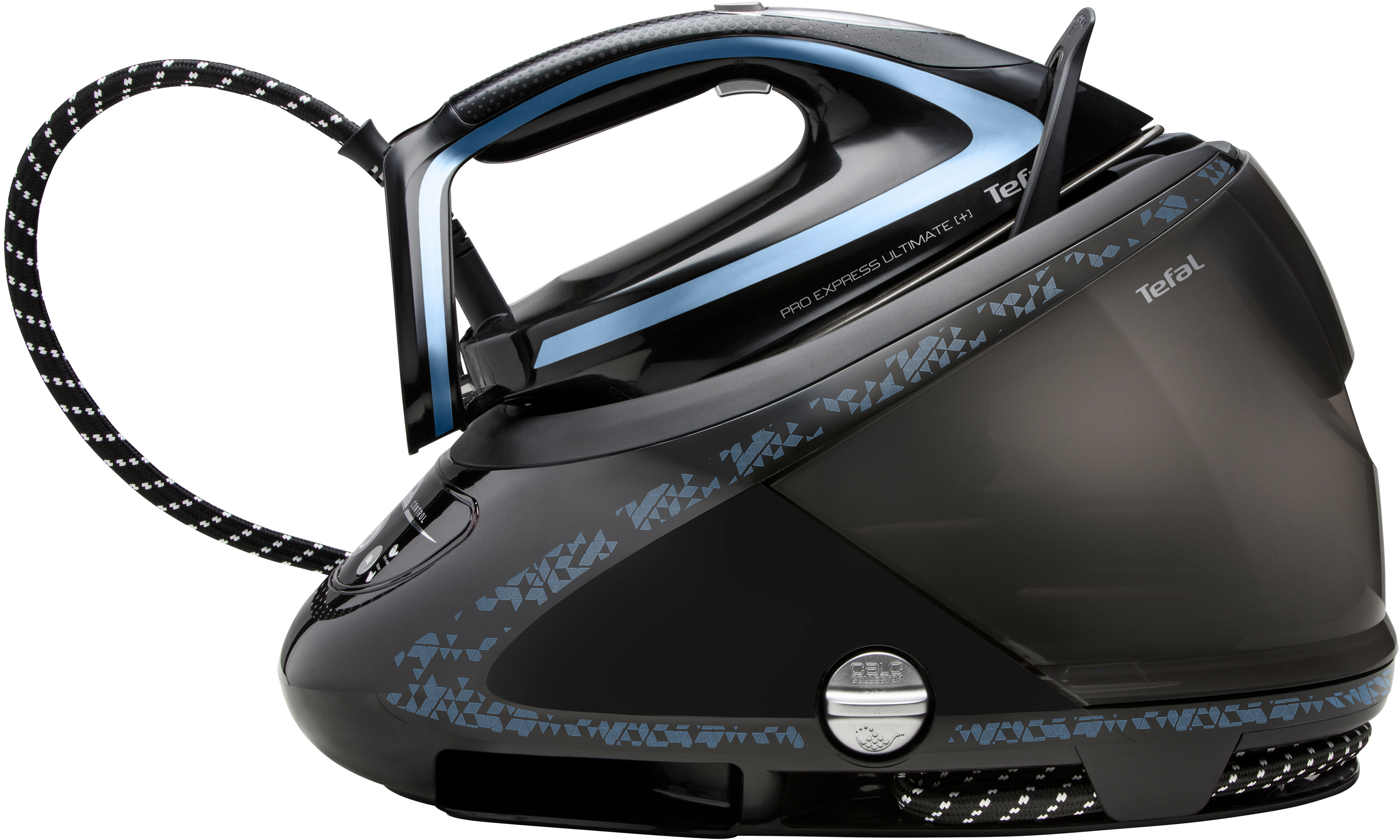 Schwarzes und blaues Tefal-Bügeleisen. Das Kabel ist schwarz und weiß. Der Griff ist blau und schwarz.