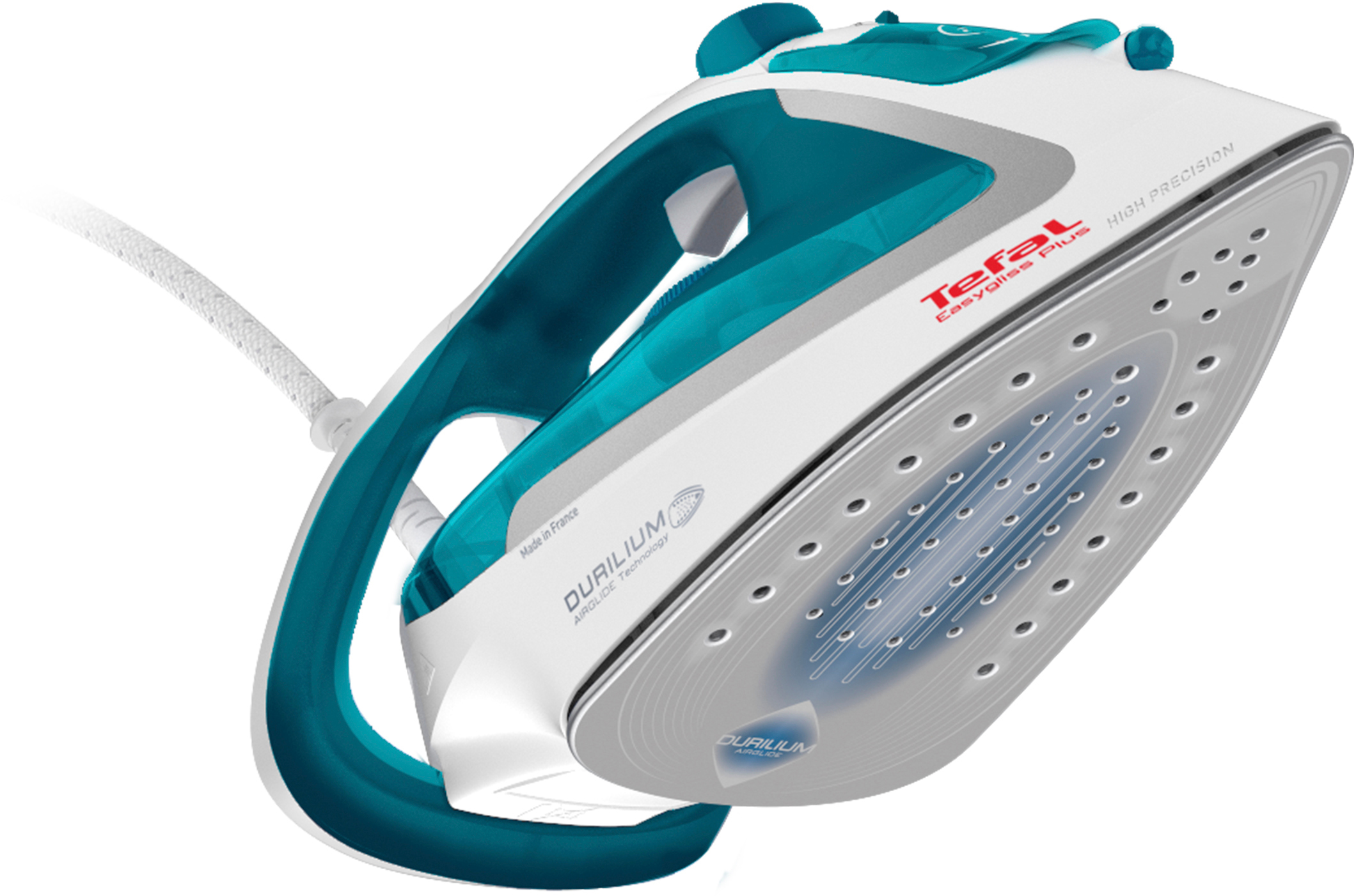 Ein weißes und türkisfarbenes Bügeleisen mit weißem Kabel und Text 'Tefal Easygliss Plus'.