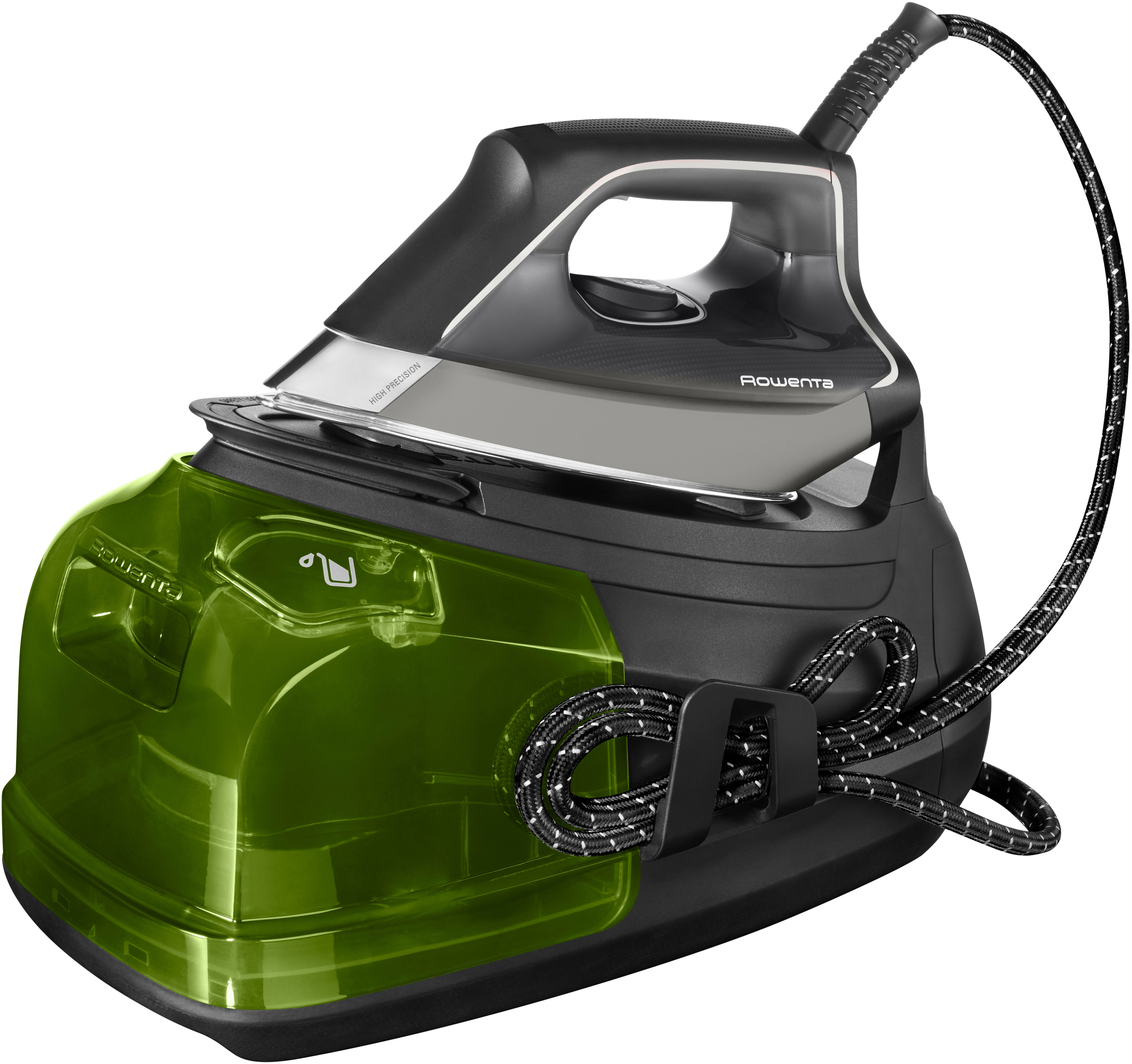 Schwarzes und graues Bügeleisen mit grünem Wassertank. Kabel wickelt sich um das Bügeleisen.