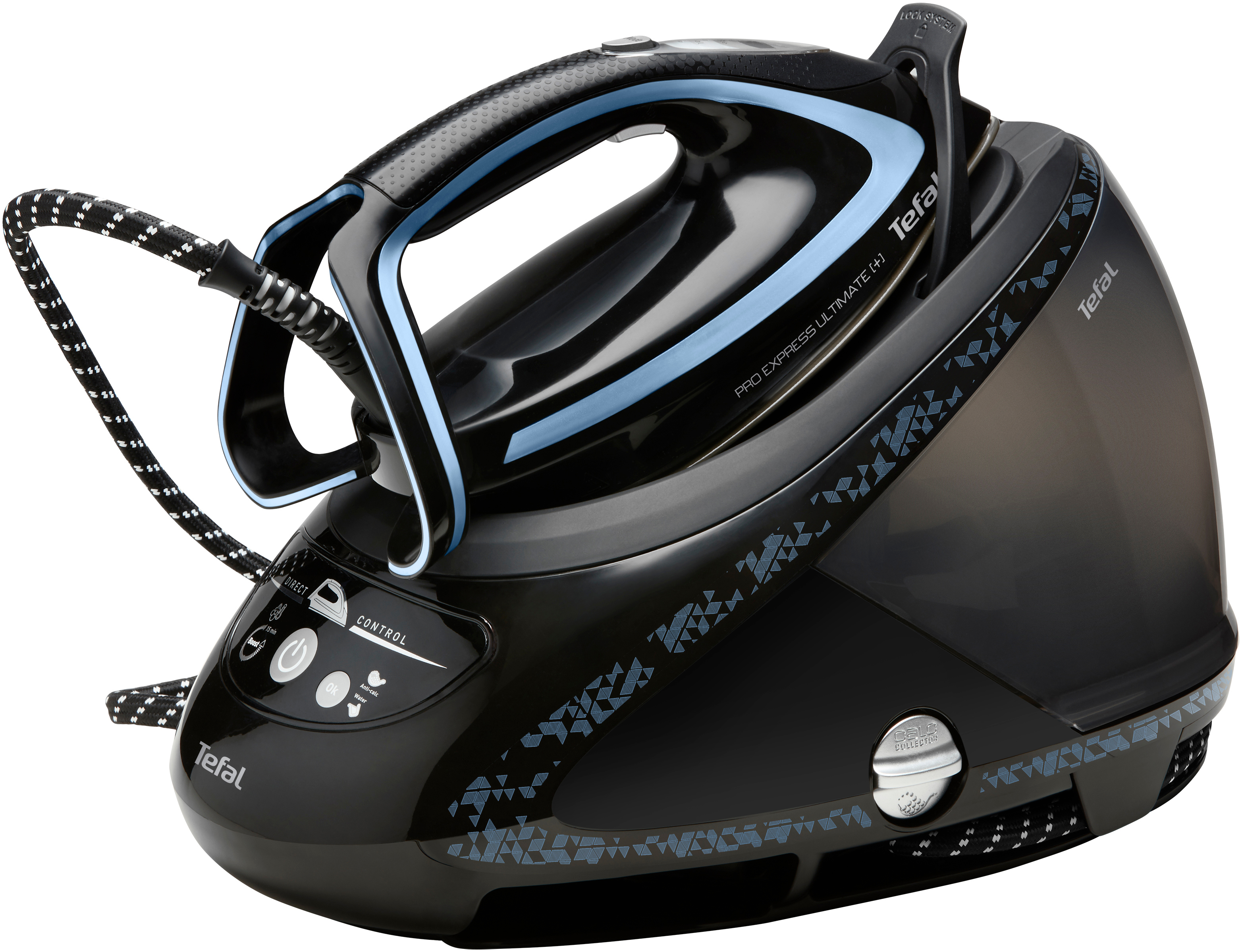 Ein schwarzes und blaues Tefal-Bügeleisen mit Wassertank, Bedienelementen und einem schwarz-weißen Kabel.