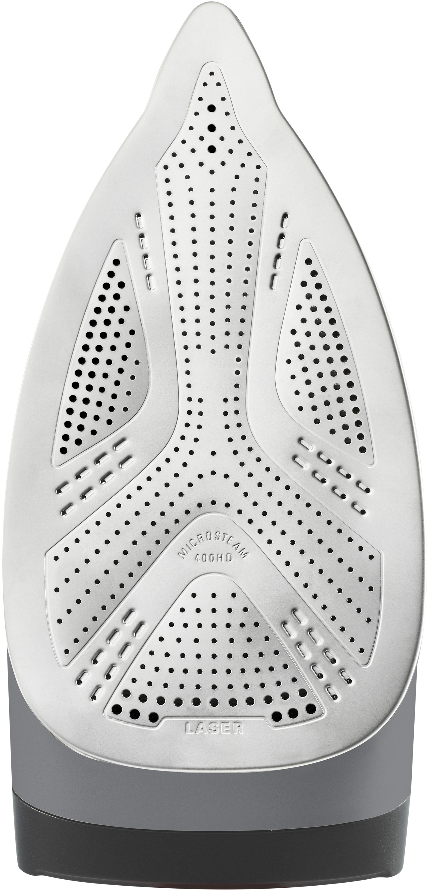 Bügeleisensohle mit Microsteam-Technologie, mit vielen kleinen Löchern und einem grau-schwarzen Design.