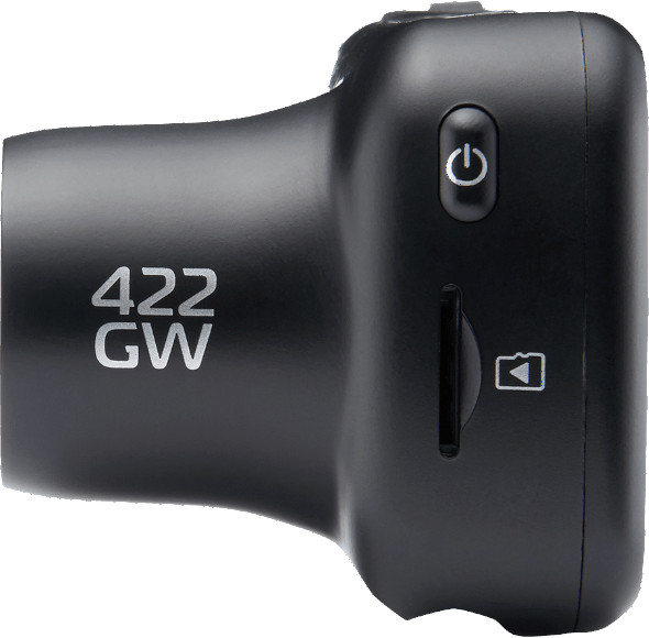 Black camera side view, with buttons and an SD card slot. The text 422 GW is visible.