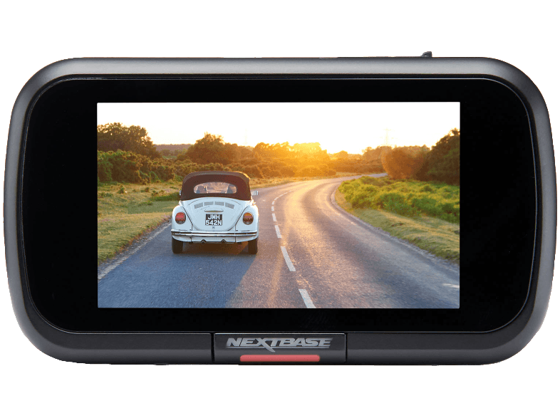 Dashboard camera displaying a road scene with a car driving on a sunny day.