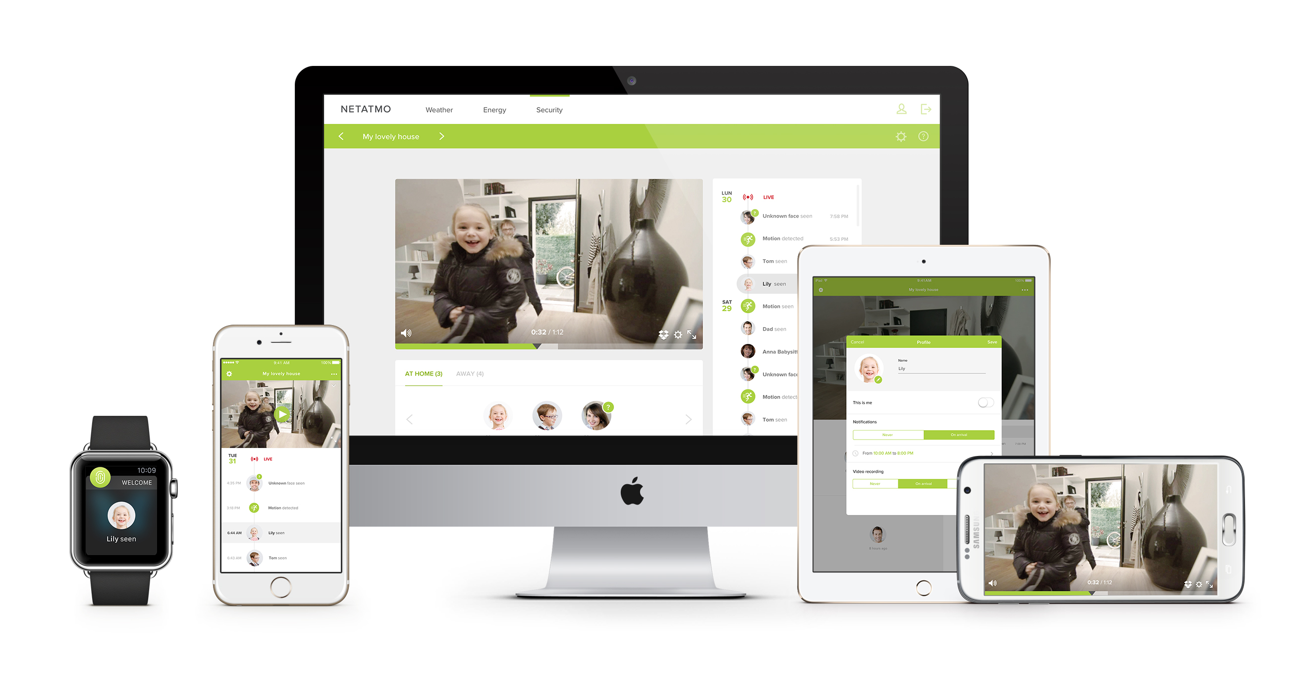 Plusieurs appareils affichant une interface Netatmo. Comprend un téléphone, une tablette et une montre.