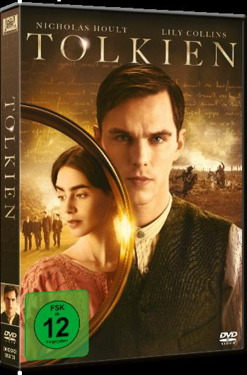 DVD-Cover des Films 'Tolkien'. Er zeigt Nicholas Hoult und Lily Collins, mit einem Bild von Männern im Hintergrund.