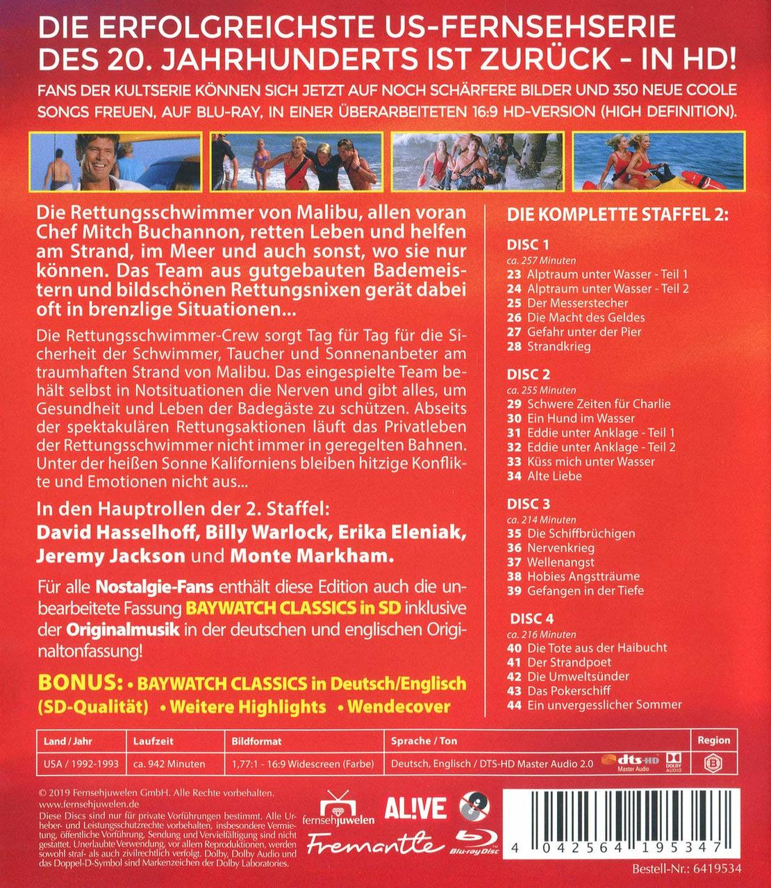 DVD-Cover: 'Baywatch Classics' mit Fotos der Darsteller. Text auf Deutsch und Englisch.