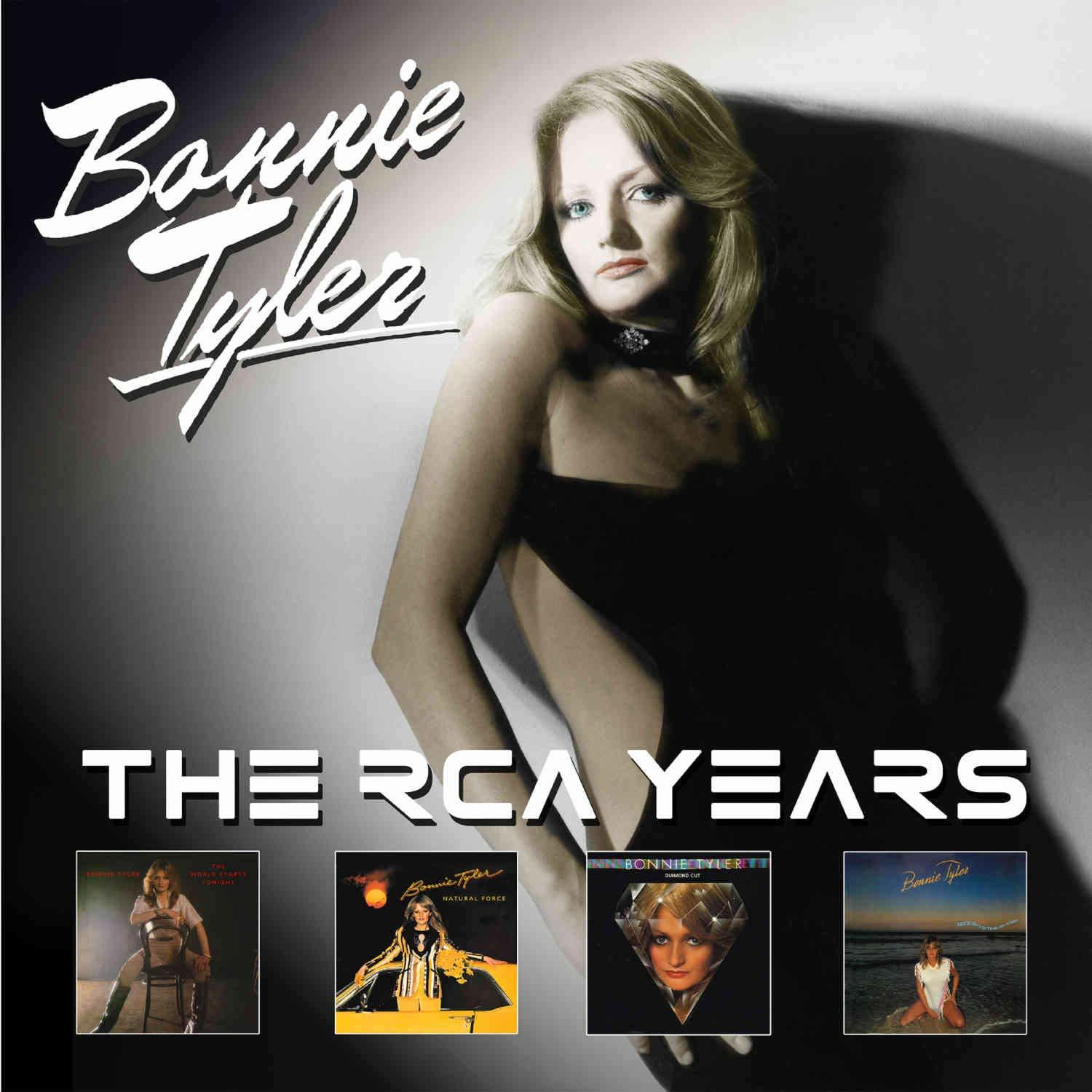Albumcover von Bonnie Tyler mit Text. Vier kleinere Albumcover darunter.
