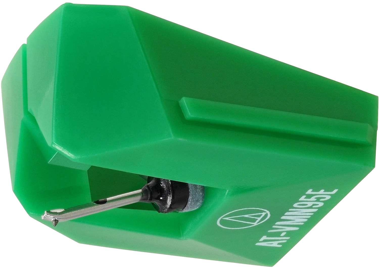 Stylet vert Audio-Technica AT-VMN95E. Il a une aiguille et un logo blanc.