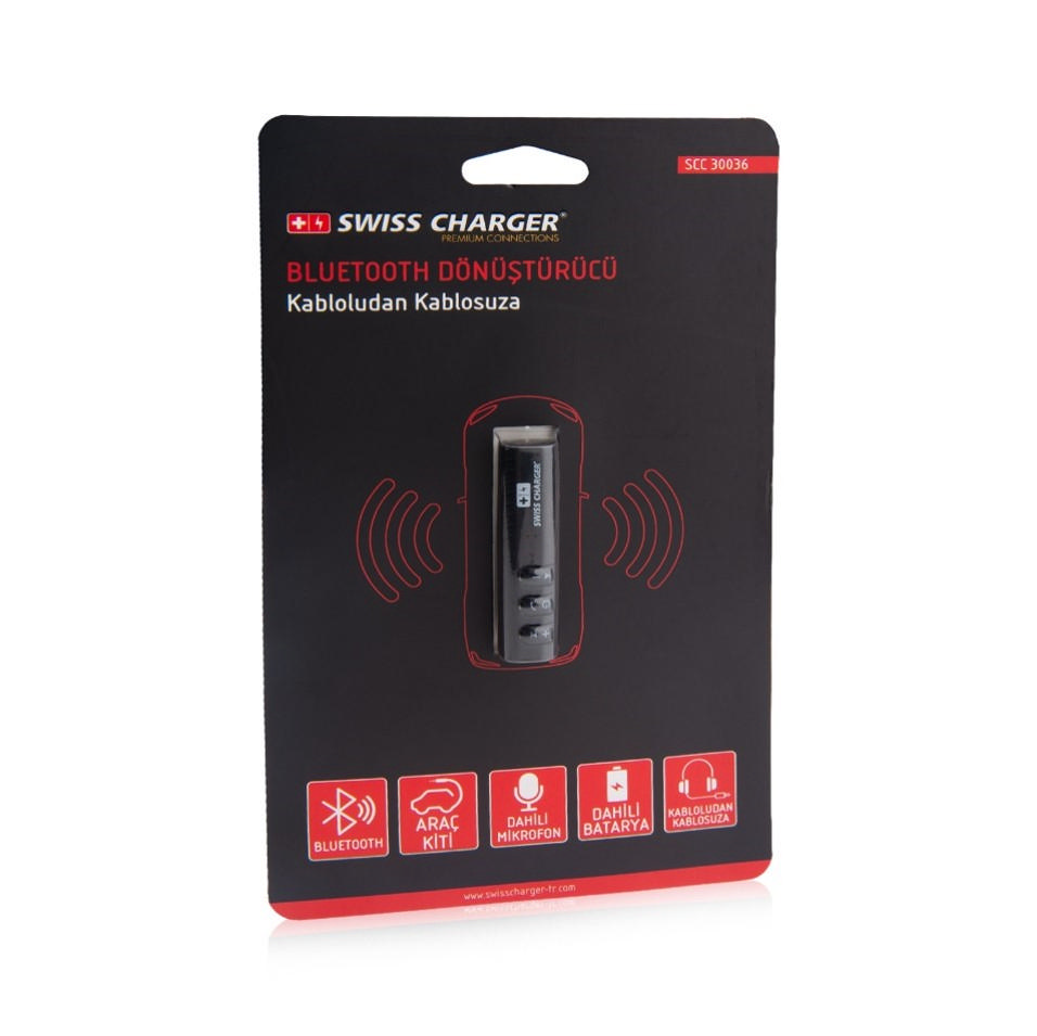Kablosuz ses iletimi için siyah ve kırmızı bir Bluetooth adaptörü, ambalajında.