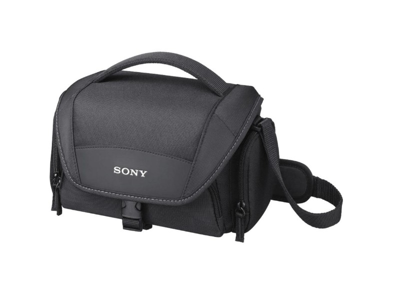 Bolsa de cámara Sony negra con asa y correa para el hombro. Logotipo de SONY.