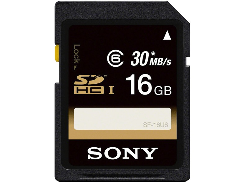 Tarjeta SD negra con 16 GB de capacidad, marca Sony y marcas de velocidad.
