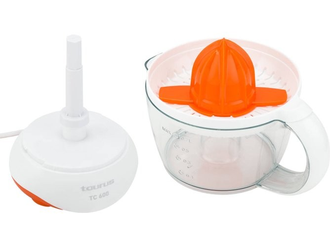 Exprimidor - Taurus TC600, exprimidor eléctrico para zumos de 40 W de potencia, gito ambos sentidos, desmontable, tapa protectora, blanco y naranja