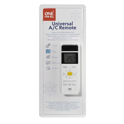 Un mando a distancia universal de CA blanco en un paquete de plástico transparente. Vista superior.