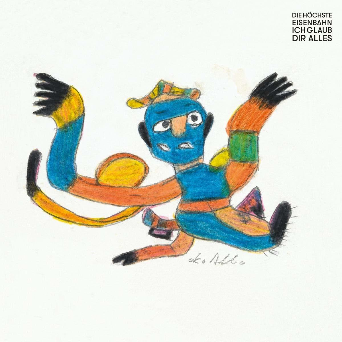 Eine farbenfrohe Zeichnung einer Figur mit blauem Körper und orangefarbenen Gliedmaßen in Bewegung.