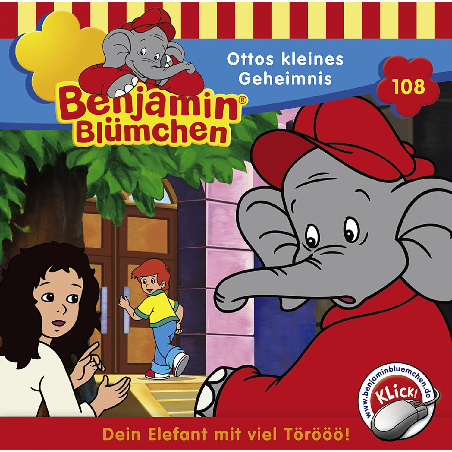 Kinderbuchcover: Benjamin Blümchen. Elefant mit rotem Hut, Zeichentrickfiguren und Text auf Deutsch.