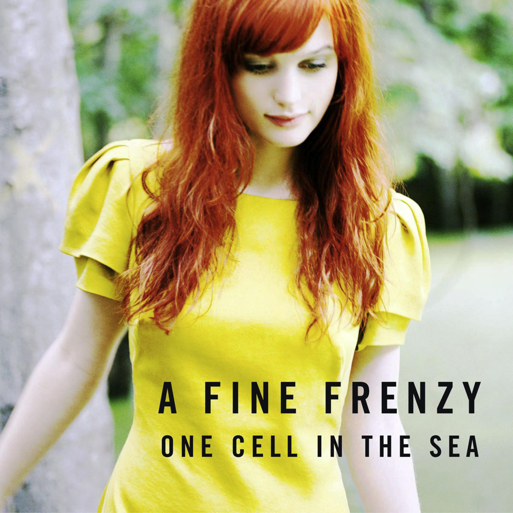 Frau in gelbem Kleid, rotes Haar, draußen stehend. Text: 'A Fine Frenzy, One Cell in the Sea'.