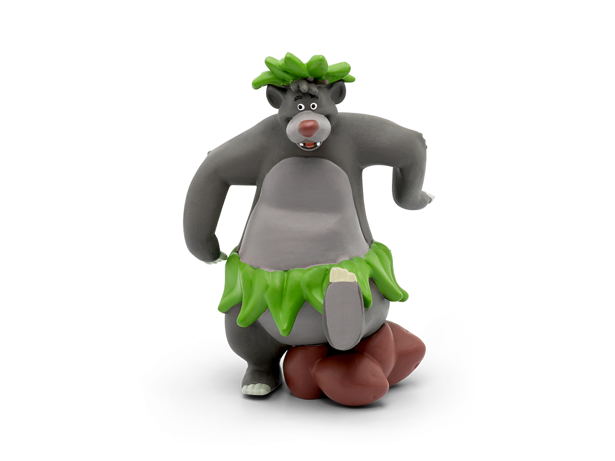 Balu aus Dschungelbuch, in spielerischer Pose, auf dunklem Hintergrund. Er ist grau und braun.