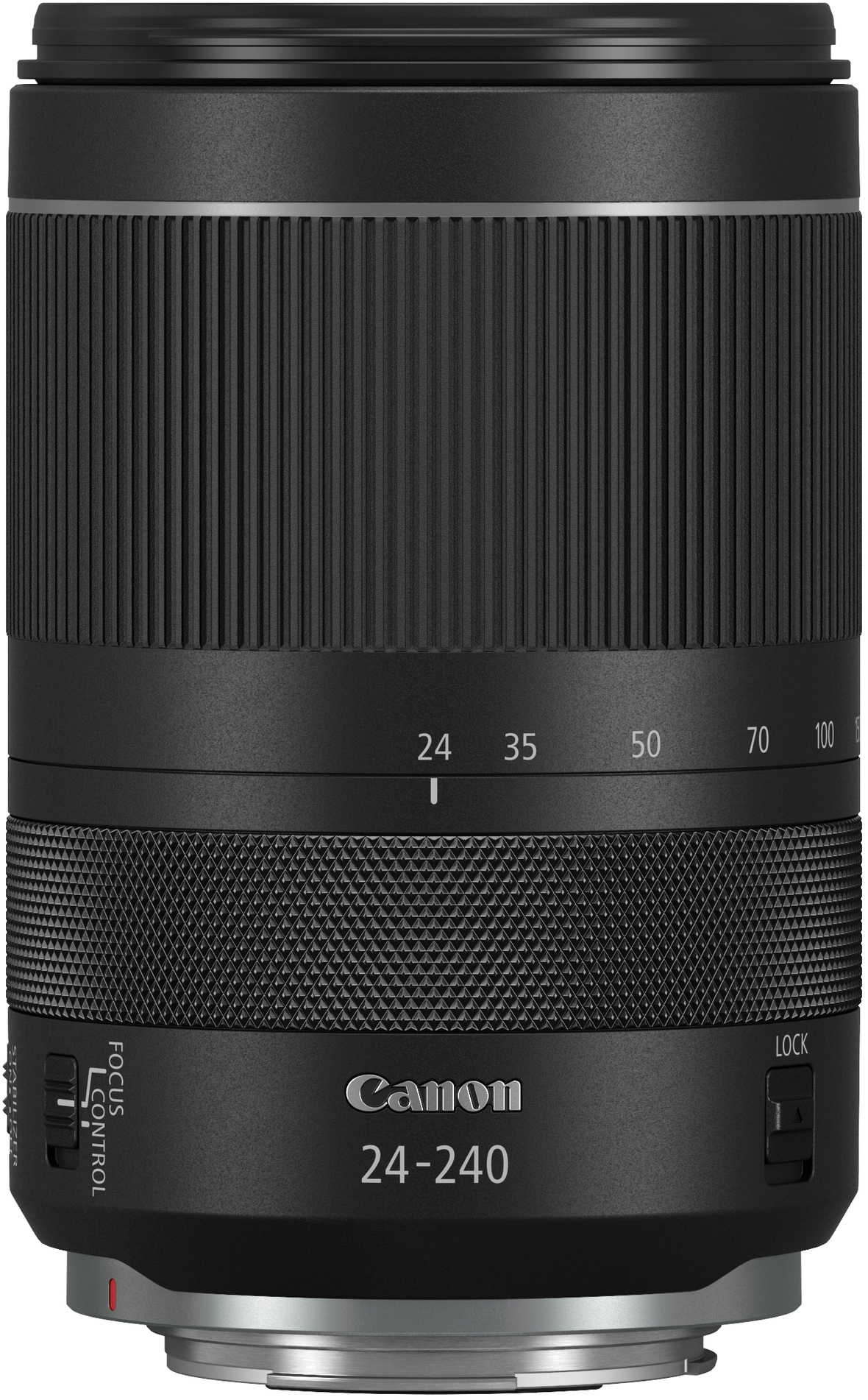 Schwarzes Kameraobjektiv mit Fokusring, beschriftet 24 35 50 70 100, und Canon 24-240.
