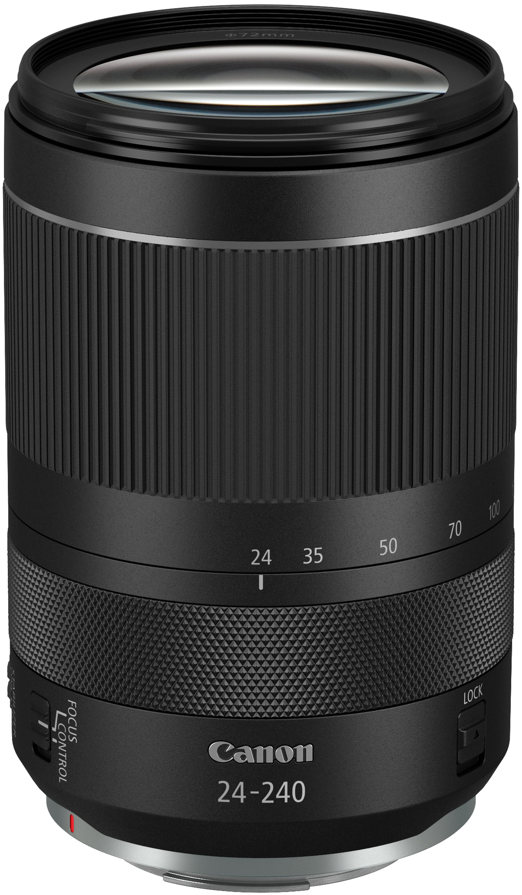 Canon 24-240mm Objektiv. Schwarz mit weißen Markierungen. Zahlen zeigen Brennweite.
