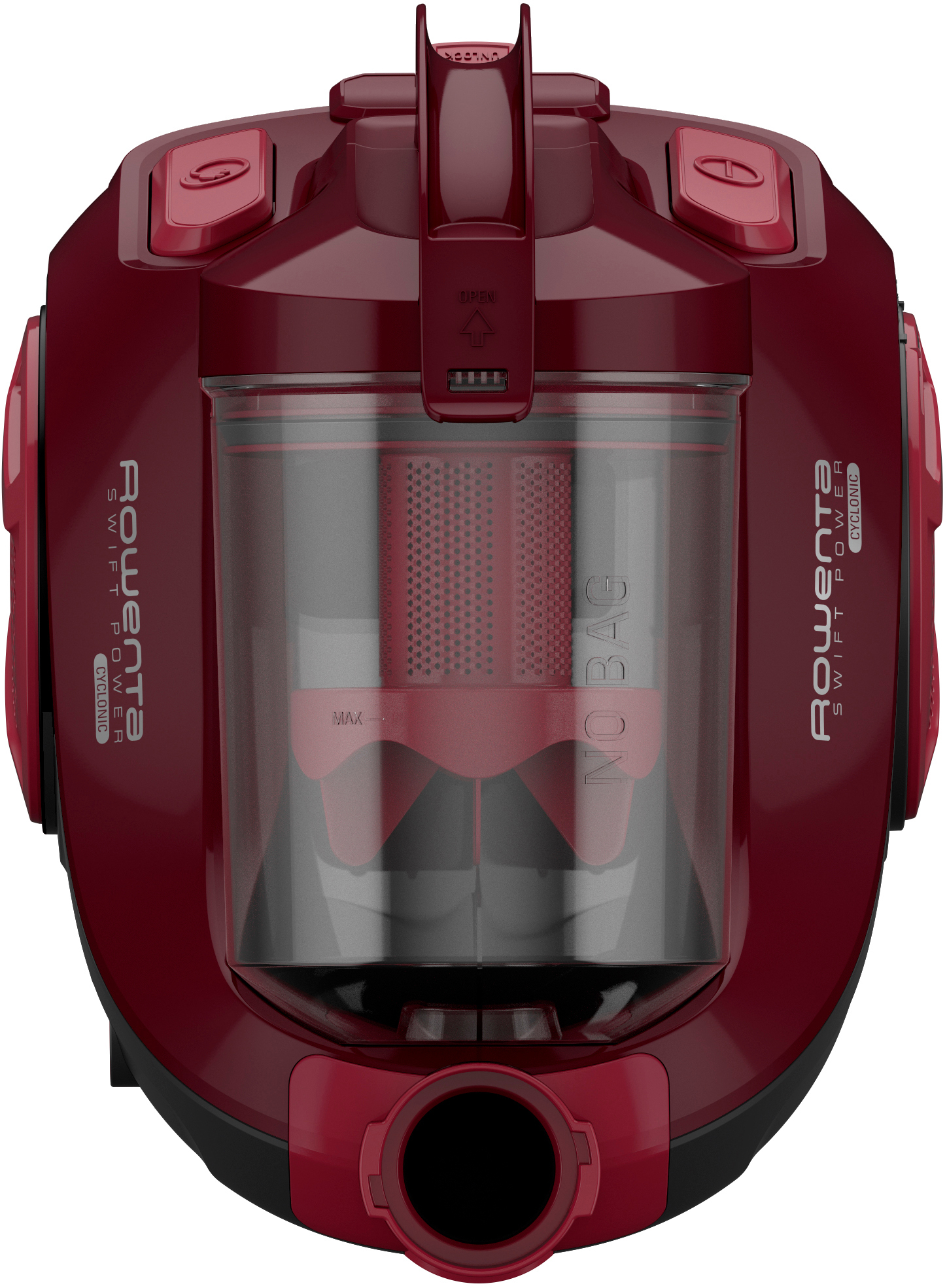 Roter Staubsauger mit transparentem Staubbehälter und Rowenta Swift Power-Etikett.