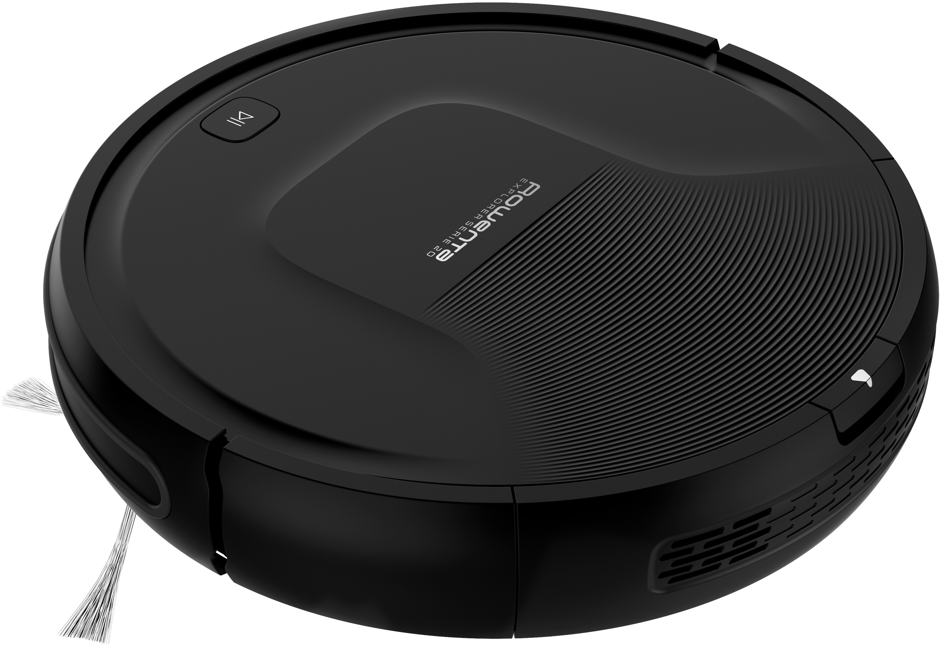 Ein schwarzer Roboter-Staubsauger mit runder Form und einer Ladestation auf weißem Hintergrund.