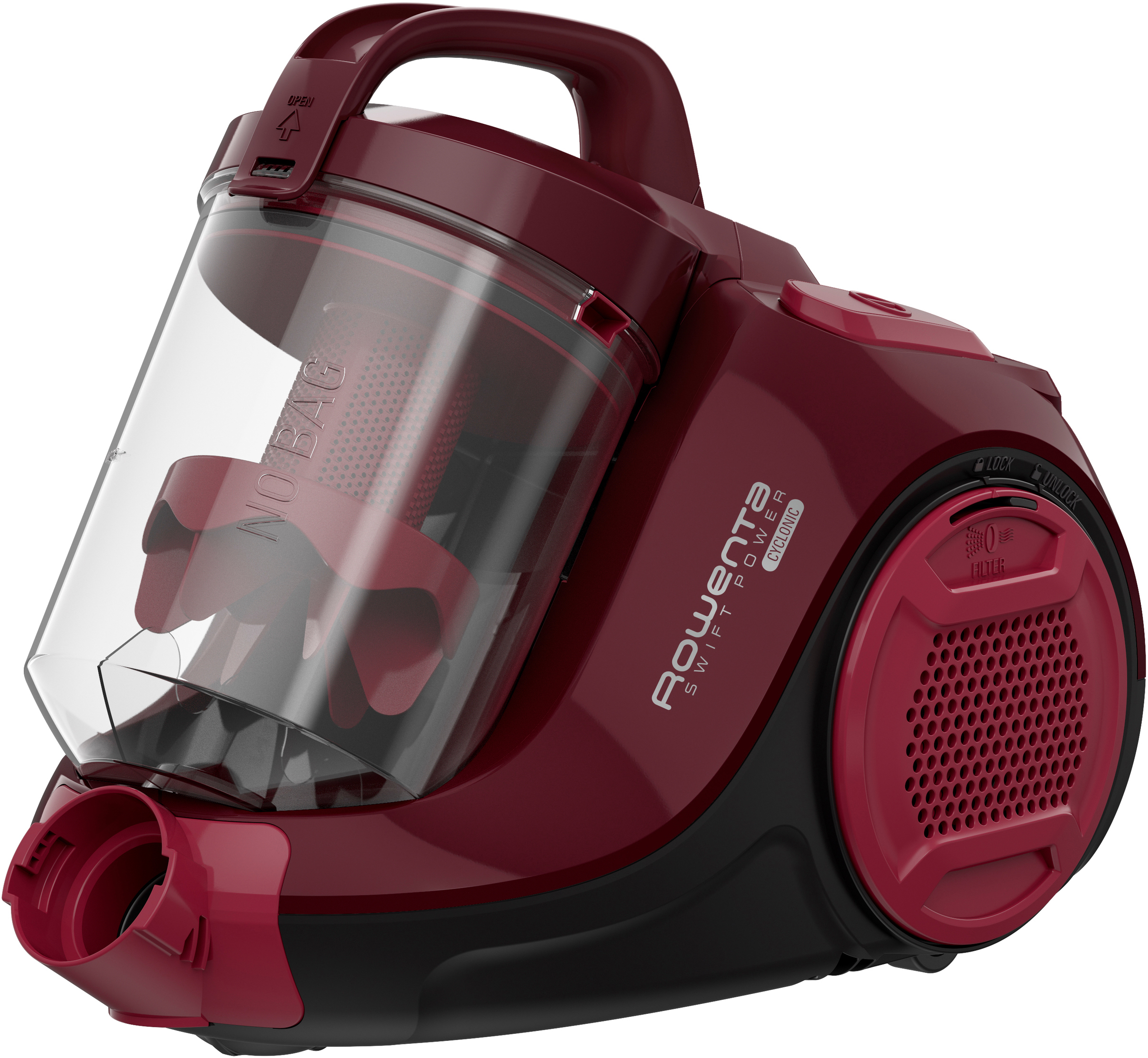Roter und schwarzer Rowenta Swift Power Zyklon-Staubsauger. Transparenter Staubbehälter sichtbar.