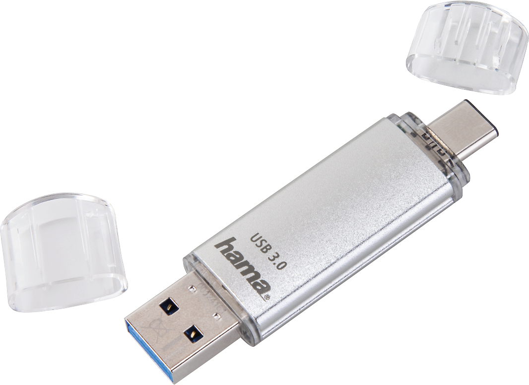 Clé USB 3.0 Hama argentée avec capuchons et adaptateur USB-C.