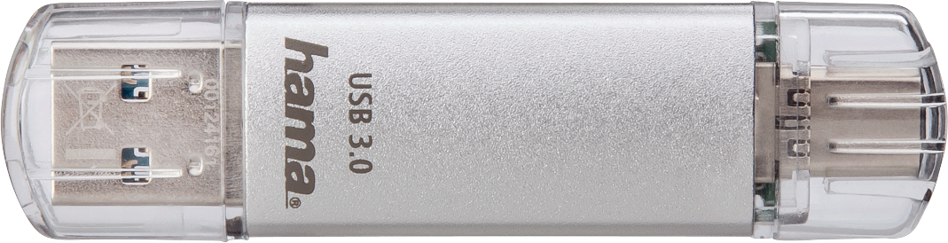 Clé USB 3.0 Hama argentée avec capuchon de protection transparent, sur fond blanc.