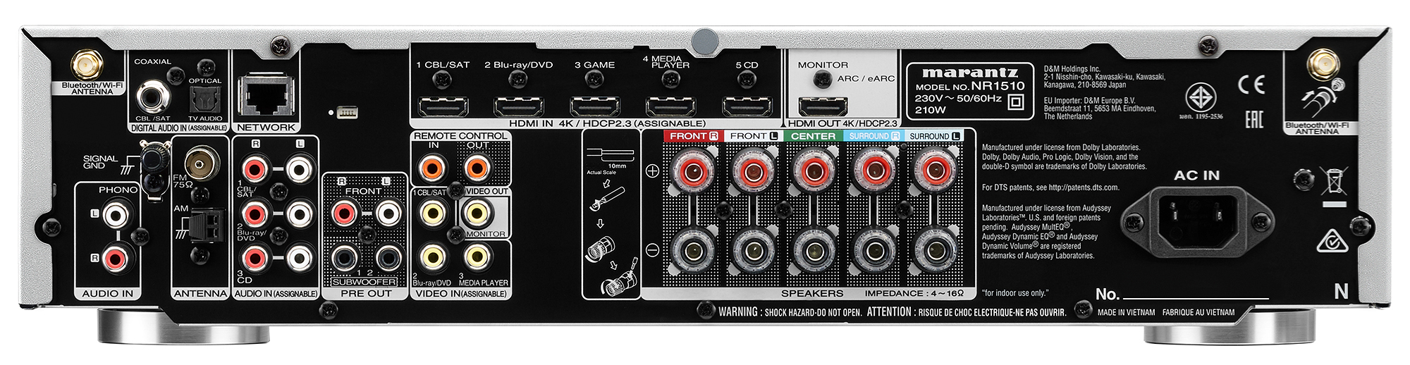 Rückansicht des Marantz-Receivers mit verschiedenen Anschlüssen und Beschriftungen.