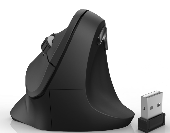 Black ergonomic vertical mouse with a USB receiver, on a dark surface, side view.