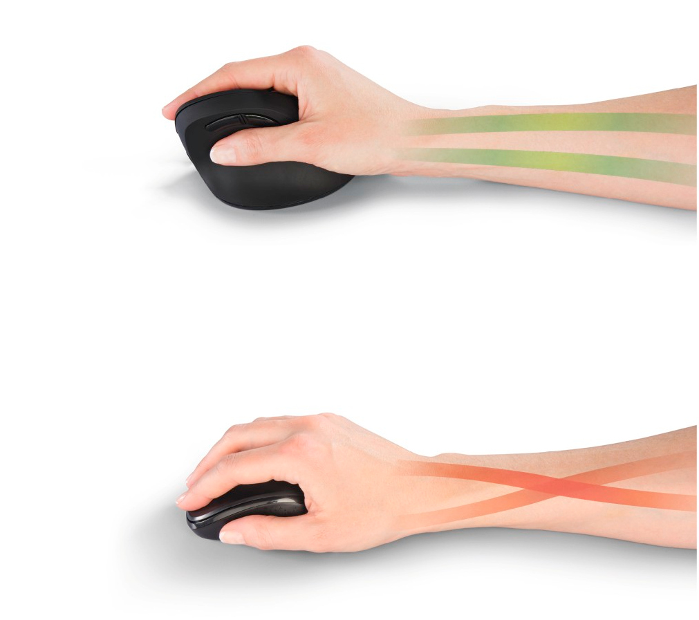 Hands using a mouse. One hand has green lines, the other red, showing ergonomics.