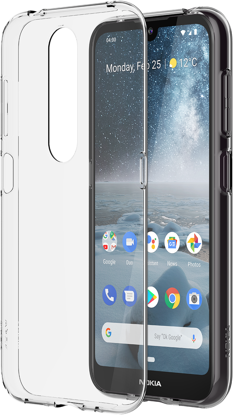 Een doorzichtige telefoonhoes met een telefoon erin. De telefoon heeft een scherm waarop een winterse scène te zien is.