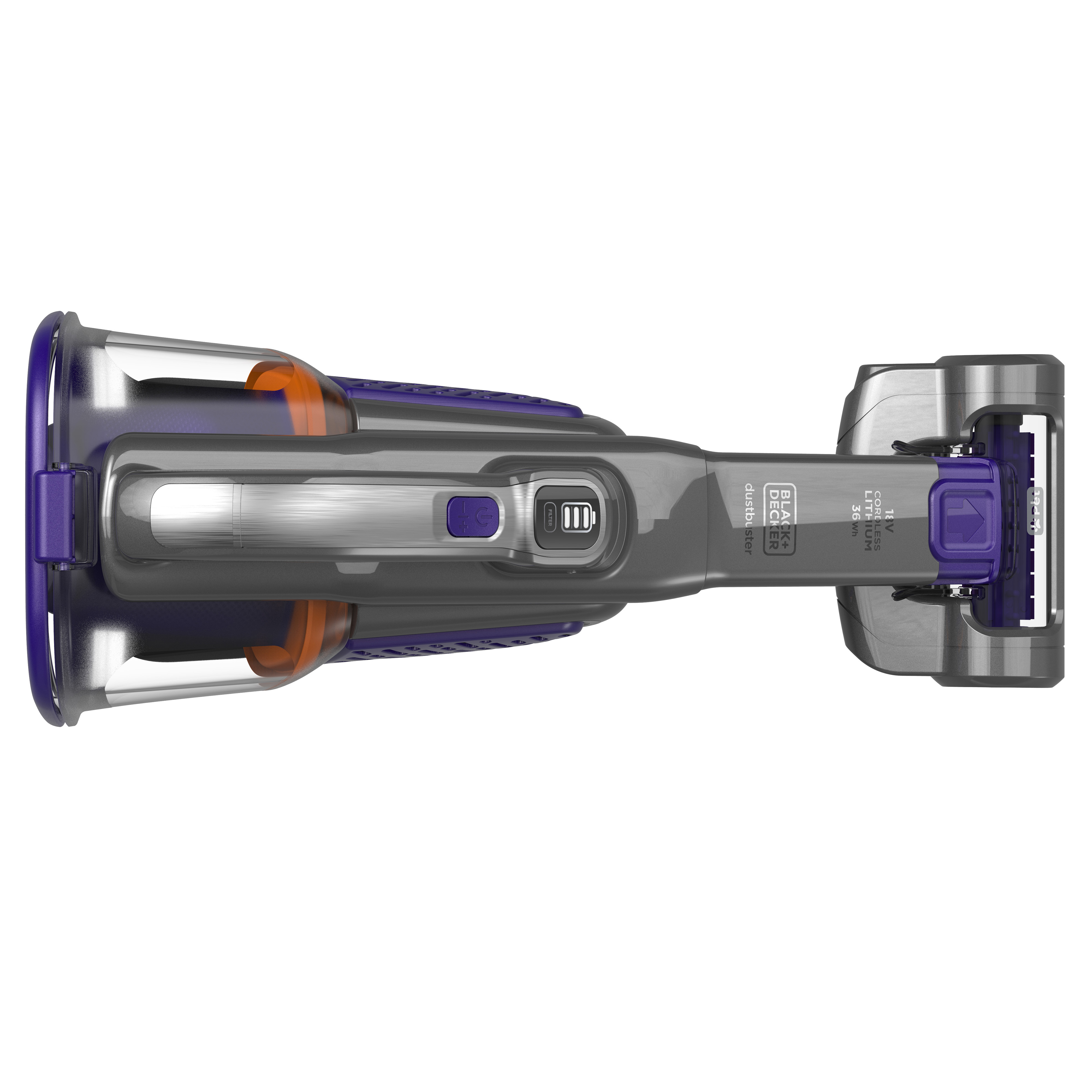 Schwarz-violetter BLACK+DECKER Dustbuster-Staubsauger.