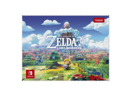 Paño de limpieza con arte del juego Legend of Zelda. Muestra Link, paisaje y logotipo.