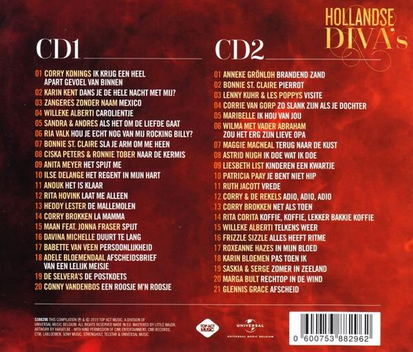 CD-hoes met de titel 'Hollandse Diva's'. Er zijn twee kolommen met nummers.
