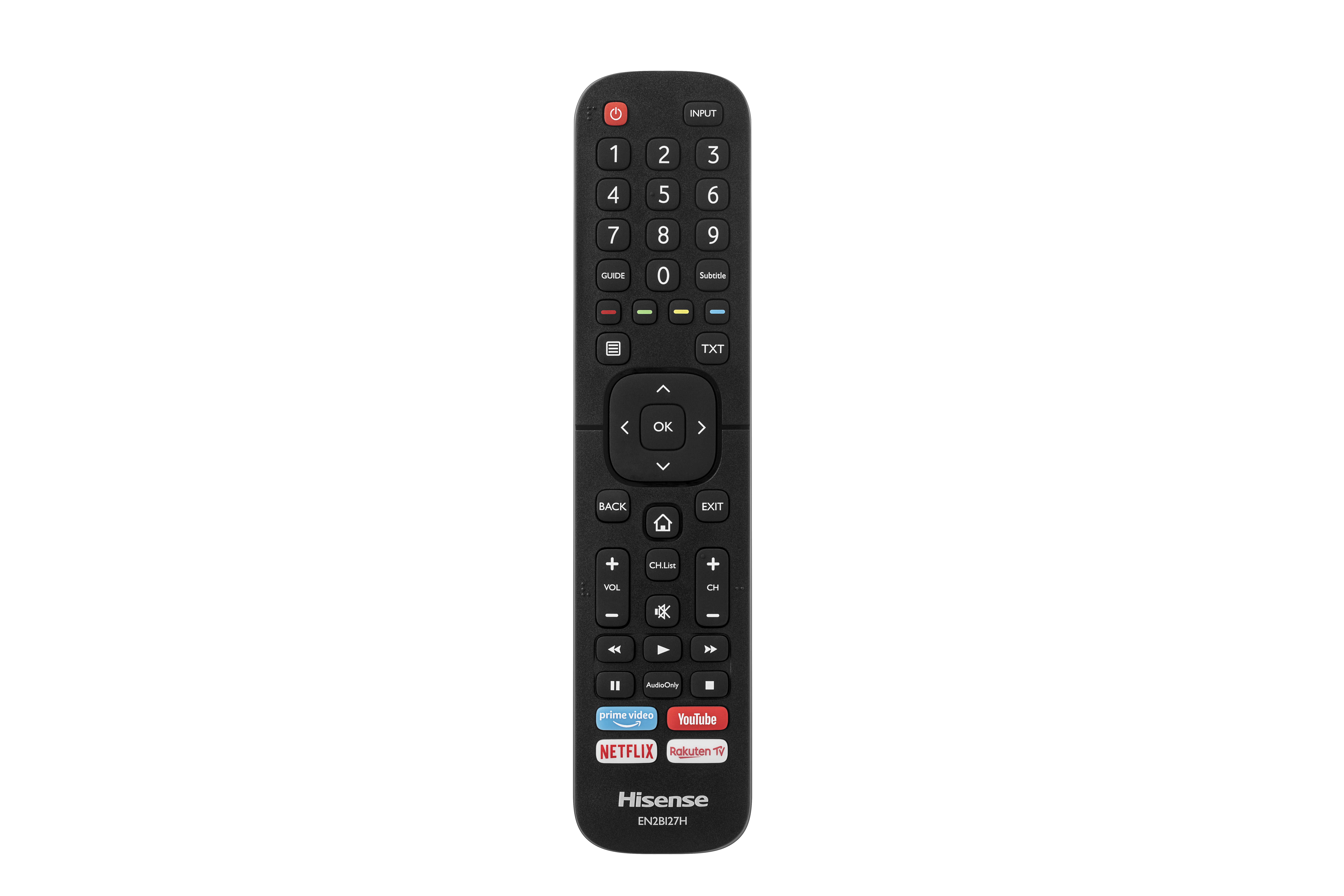 Eine schwarze Hisense-Fernbedienung mit vielen Tasten und einem farbigen Logo.