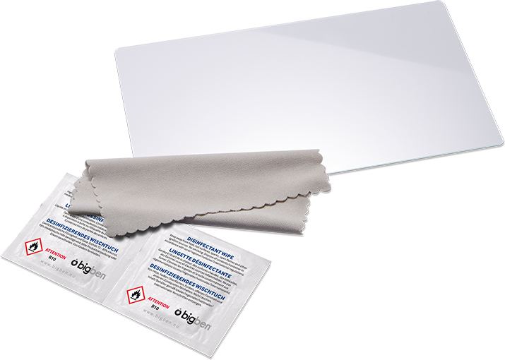 Un écran de protection, un chiffon de nettoyage et deux lingettes désinfectantes sont affichés. Les lingettes comportent des avertissements et le logo de la marque.