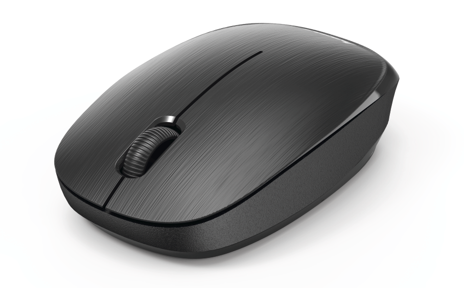 Black computer mouse with a scroll wheel and a textured surface.